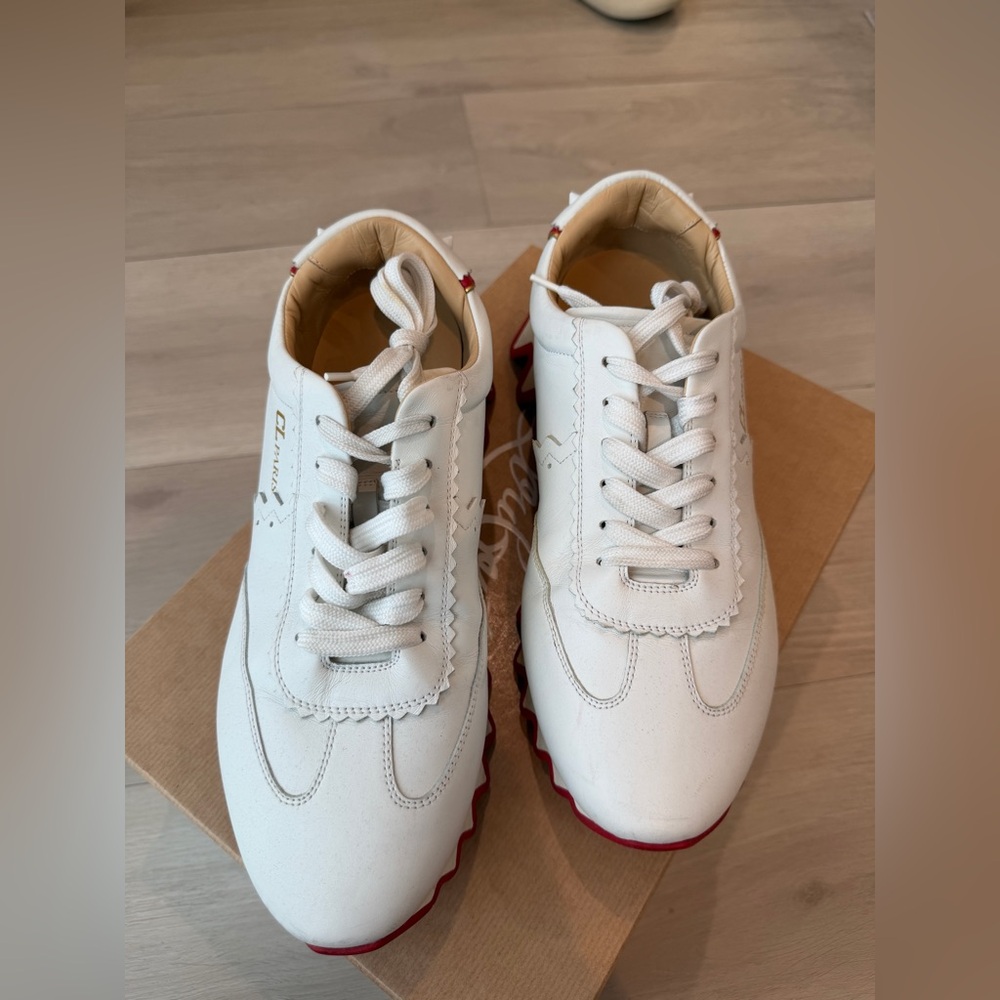 Christian Louboutin White and Red Spiked Sneakers - Picture 2 of 5